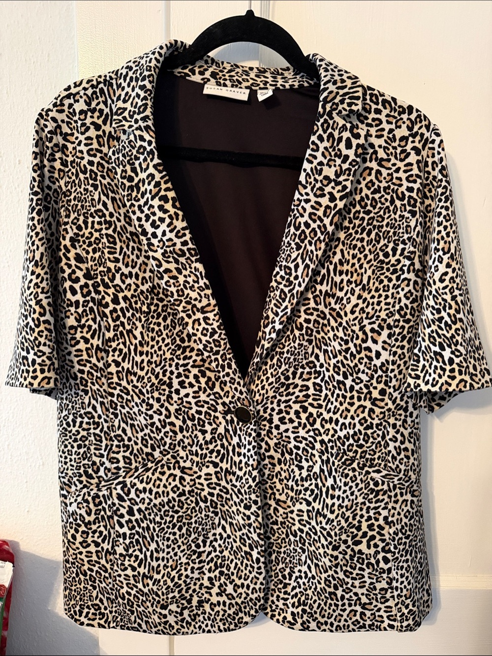 Susan Graver Leopard Print Short Sleeve Blazer - Beige/Black